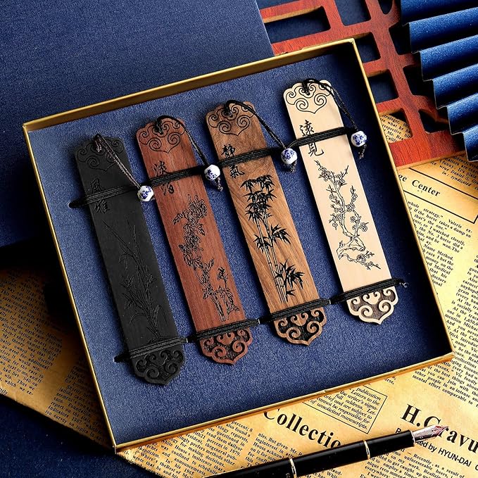 Outus 4 Pieces Wooden Bookmarks for Men Women Employee Father's Day Appreciation Gifts for Men Back to School Gifts Vintage Handmade Natural Carving for Book Lovers Birthday(Vintage Style)