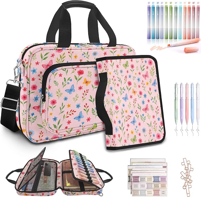 Cute Flower Large Bible Cover Case for Women Girls Organizer, Church Bag Book Carrying Case with Highlighters Shoulder Strap Pens Cross Clip Study Supplies Journaling Kit, Christian Gifts Pink