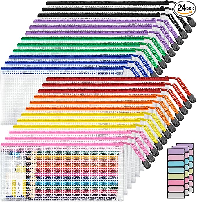 JARLINK 24 Pack A6 (9.3 × 4.0 in) Mesh Zipper Pouch Bags, Waterproof Pencil Pouch for School Supplies Storage, Small Zipper Pouches for Cash, Cosmetics, Travel Organization, 8 Colors