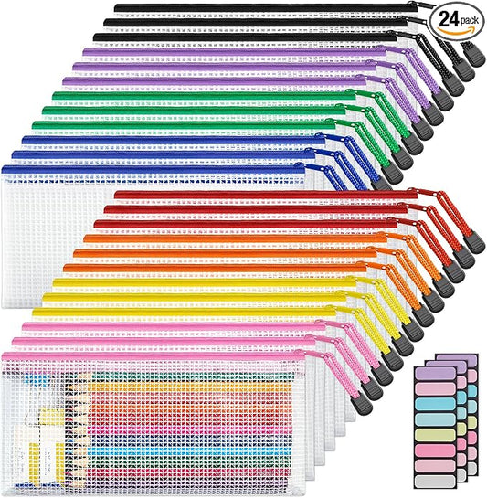JARLINK 24 Pack A6 (9.3 × 4.0 in) Mesh Zipper Pouch Bags, Waterproof Pencil Pouch for School Supplies Storage, Small Zipper Pouches for Cash, Cosmetics, Travel Organization, 8 Colors