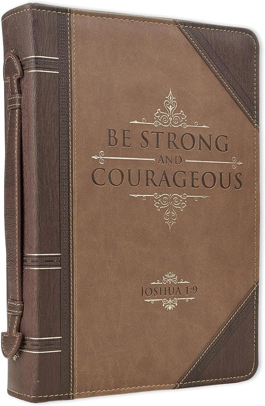 Christian Art Gifts Men's Classic Bible Cover Be Strong and Courageous Joshua 1:9, Brown Faux Leather, XL
