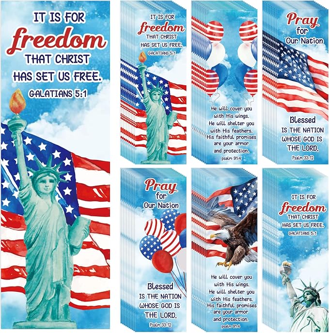 TICIAGA 250th Anniversary Watercolor Religious Bookmarks - 60Pcs 4th of July American Stars and Stripes Prayer Patriotic Bookmarks for Kids, Memorial Day Church Christian Giveaways for Sunday School