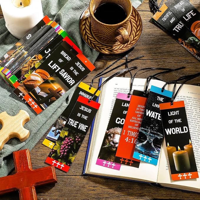 PerKoop 60 Pcs Name of Jesus Christian Bookmarks Bulk VBS Scripture Religious Bookmarks with Ribbons Light of The World Church Bookmark Gift for Women Men Church Sunday School Party Favors