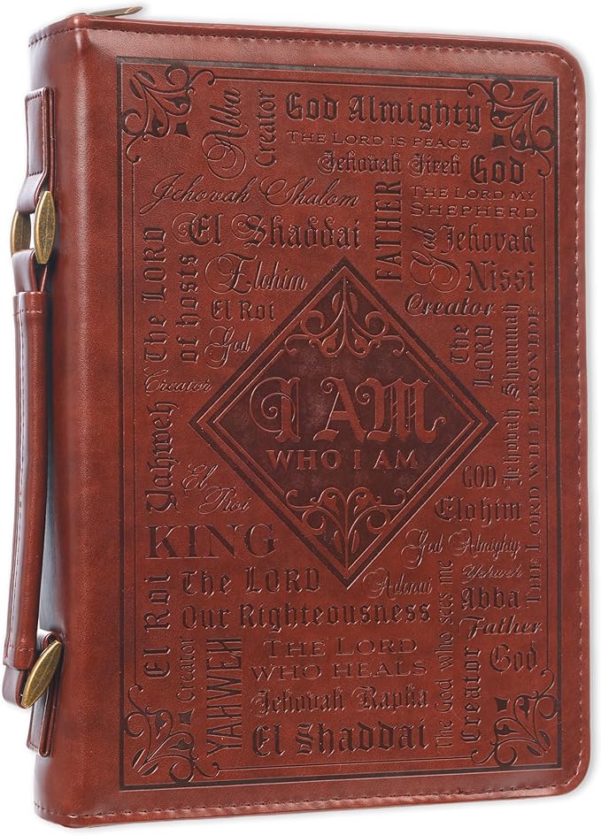 Christian Art Gifts Men's Classic Bible Cover Names of God Exodus 34:6, Brown Faux Leather, Medium