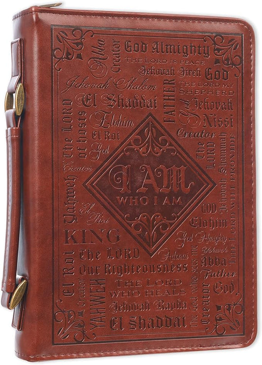 Christian Art Gifts Men's Classic Bible Cover Names of God Exodus 34:6, Brown Faux Leather, Medium