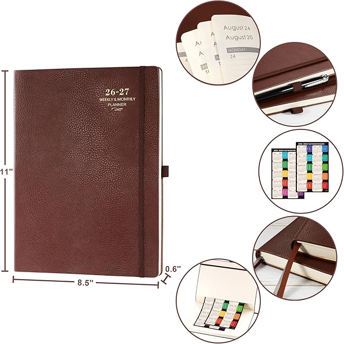 Planner 2026-2027 - JUL 2026 - JUN 2027, Academic Planner 2026-2027, 26-27 Planner, Weekly and Monthly Planner, Leather Cover Calendar Planner with Thick Paper, Back Pocket with Notes Pages, Brown (8.5" x 11")