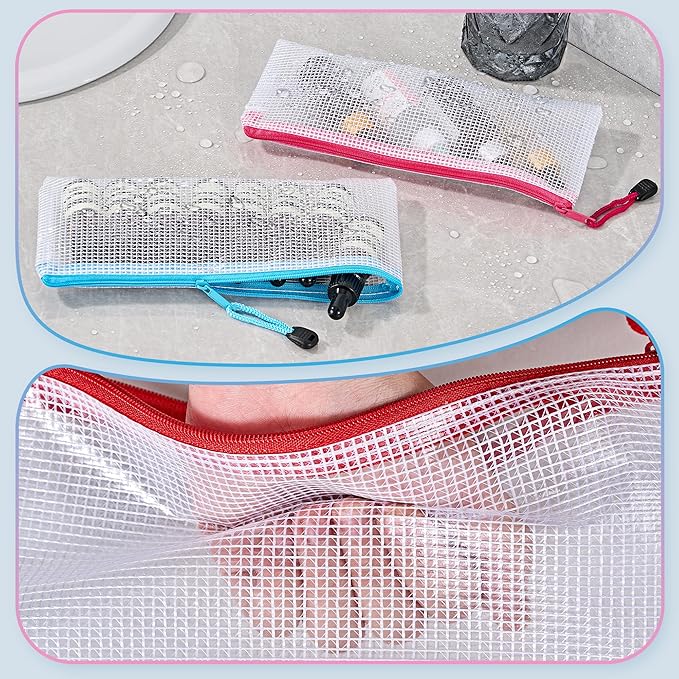 JARLINK 24 Pack A6 (9.3 × 4.0 in) Mesh Zipper Pouch Bags, Waterproof Pencil Pouch for School Supplies Storage, Small Zipper Pouches for Cash, Cosmetics, Travel Organization, 8 Colors
