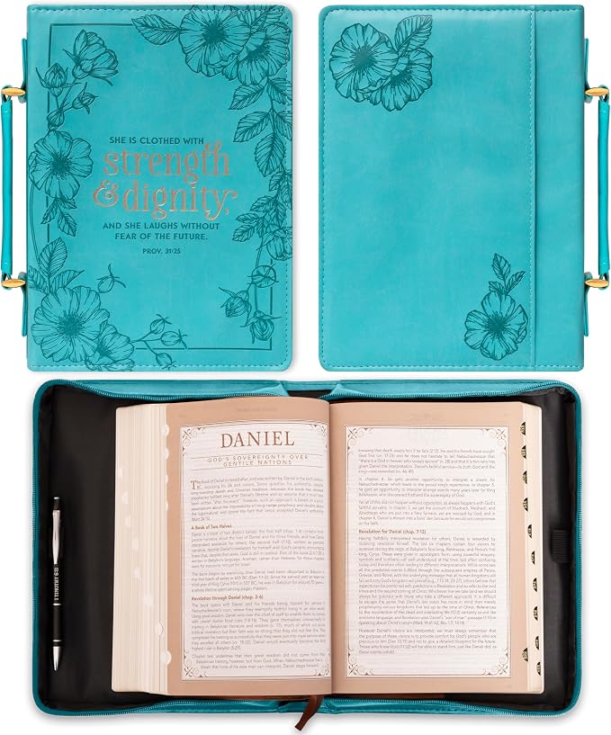 Christian Art Gifts Women's Fashion Bible Cover Strength and Dignity Proverbs 31:25, Teal Faux Leather, Large