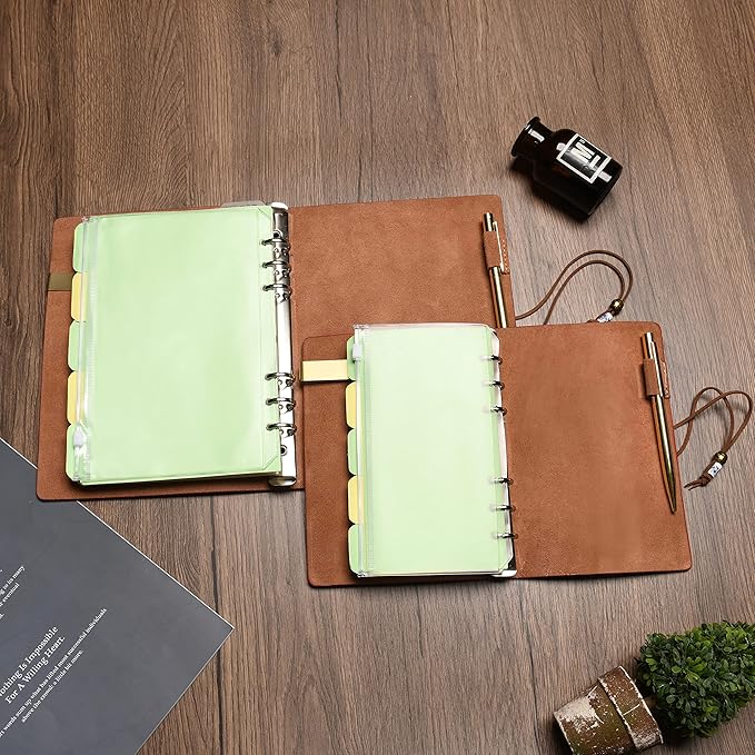 WONDERPOOL Leather Journal A6 Refillable 6 Ring Binder Notebook with Lined Paper and Pen,Writing Diary for Work Travel and Agenda Plan (a-Maroonpink)