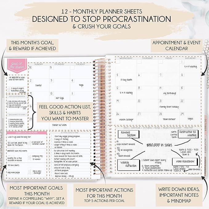 Manifestation Journal – Hourly, Weekly & Monthly Planner with Productivity App | 12-Month Life Organizer & Goal Planner | Spiral Journal, Habit Tracker, Foldable Vision Board & Gift Box