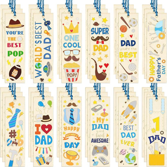 Father’s Day Color Your Own Blank Bookmarks for Kids - 36Pcs Unfinished Wooden Bookmarks with Tassel for Father’s Day Art Craft School Home DIY Activity Supplies Goodie Fillers