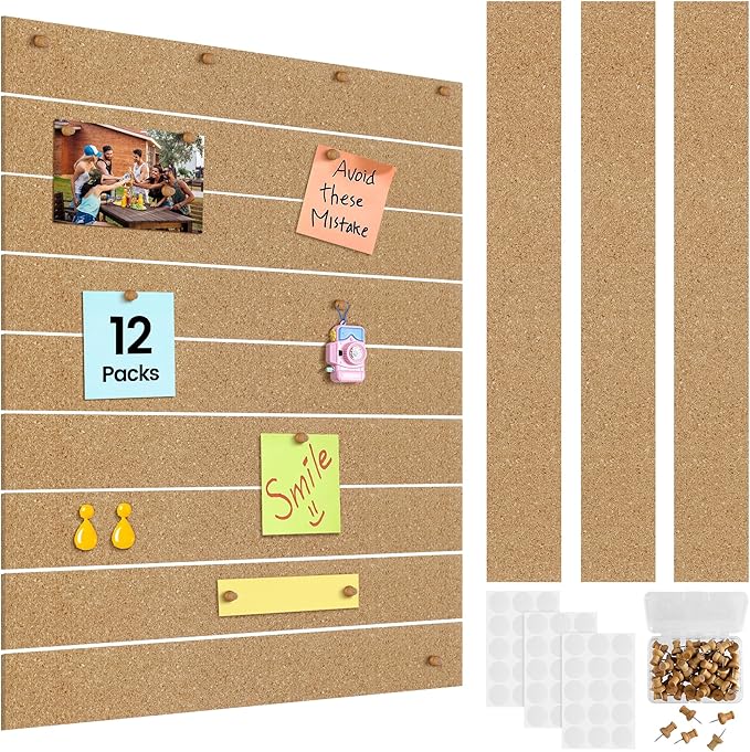 Aodaer 12 Pack Cork Boards Strips 15 x 2 Inch Board Bar Strips with 50 Push Pins and 45 Adhesive Stickers Frameless Bulletin Board for Office School Wall Decorations