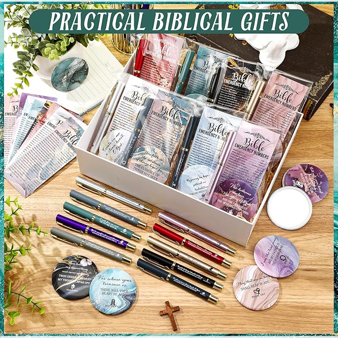 Sayglossy 50 Sets Mother's Day Women Christian Gifts Bulk Bible Verse Gel Pens Religious Compact Mirrors Emergency Bookmarks for Mother Grandmother Daughter Bible Study Group (Watercolor)