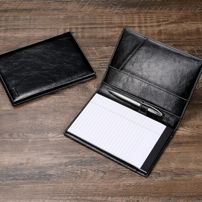 Leather Junior Padfolio for Men & Women with Pen Loop, Italian Calfskin, Business Portfolio Notebook Folder (Antiqued Black)