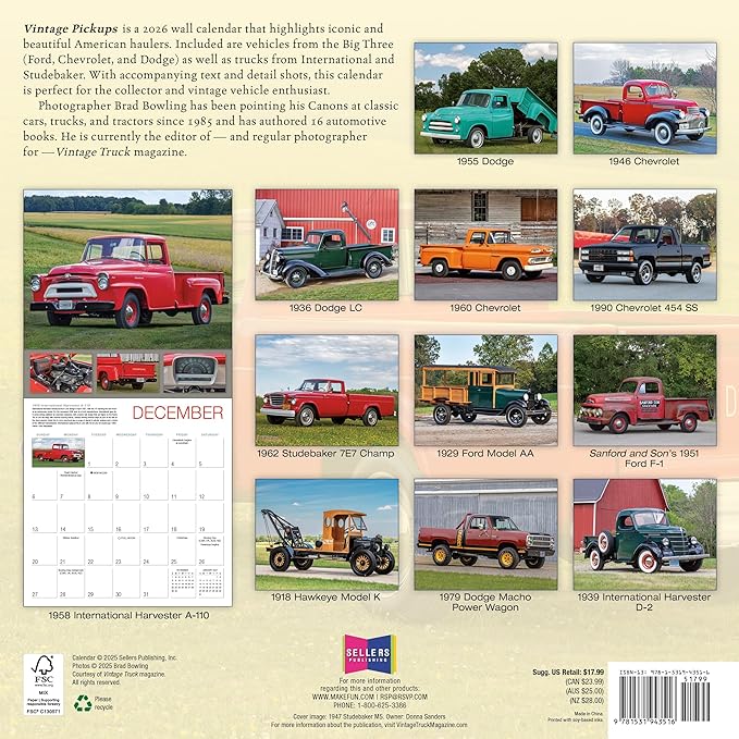 Vintage Pickups 2026 Wall Calendar, 12-Month Classic Truck & Car Photography Calendar by Brad Bowling and Vintage Truck Magazine, 12" × 12" with Large Monthly Grids for Auto Enthusiasts
