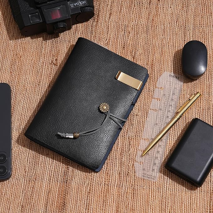 WONDERPOOL Leather Journal Lined Paper Notebook & Pen - Refillable 6 Ring Binder Writing Spiral Diary with Ruled Notepads Vintage Cover for Office Travel Work and Plan Agenda (a-Black, A6)