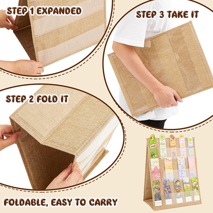 Faccito Bookmark Display Stand, Double Sided Portable Holder for Bookmarks, Linen Fabric Desktop Display Rack for Craft Fairs, Markets, Handmade Vendors