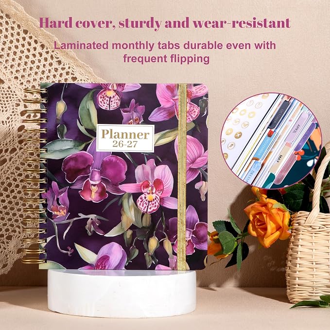CAGIE 18 Month Planner July 2026 - December 2027, Academic Year Weekly & Monthly Planner with Tabs, 8.3 x 9.3 Floral Hardcover Organizer with 100GSM Thick Paper and Elastic Band for Women School Office