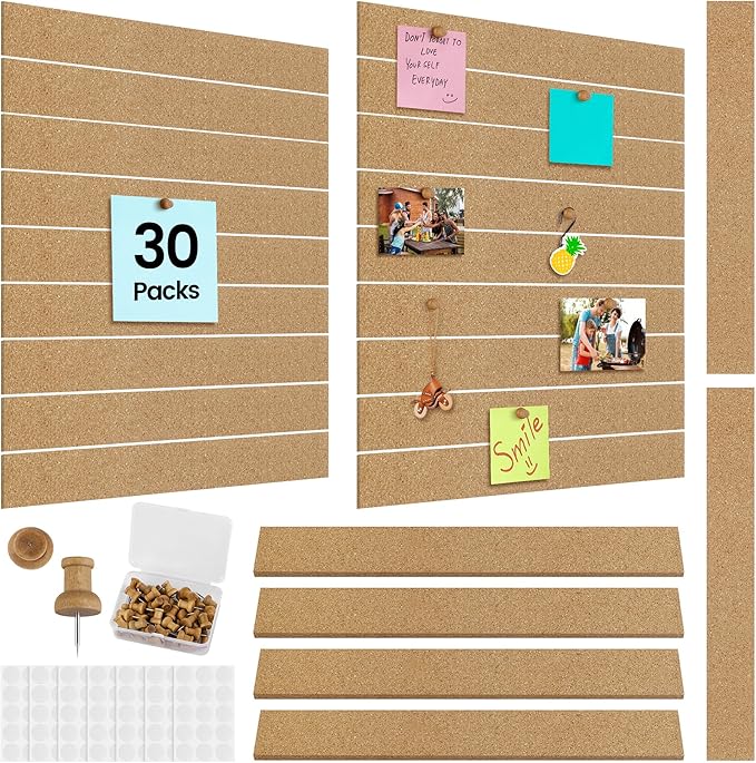 Aodaer 30 Pack Cork Boards Strips 15 x 2 Inch Board Bar Strips with 150 Push Pins and 90 Adhesive Stickers Frameless Bulletin Board for Office School Wall Decorations
