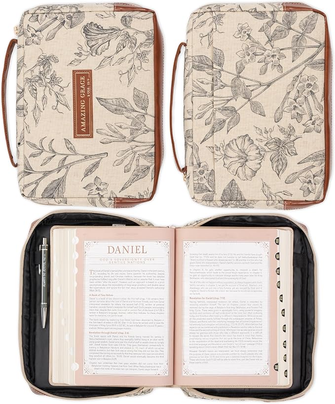 Christian Art Gifts Women's Premium Natural Canvas Vegan Leather Fashion Bible Cover: Amazing Grace - Inspirational Scripture, Sturdy Protective Book Carry Case Accessory, Creamy Brown Floral, Large
