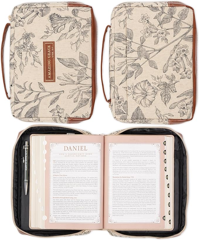 Christian Art Gifts Women's Premium Natural Canvas Vegan Leather Fashion Bible Cover: Amazing Grace - Inspirational Scripture, Sturdy Protective Book Carry Case Accessory, Creamy Brown Floral, Medium