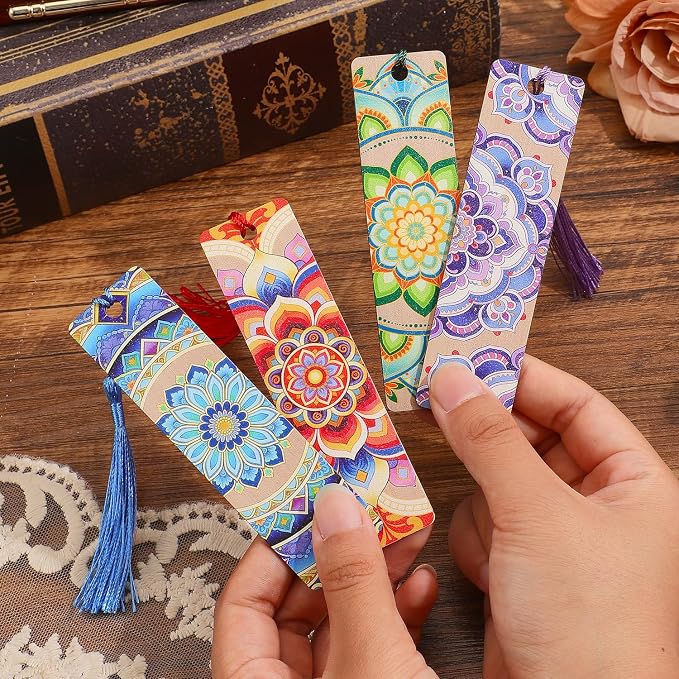 4 PCS Luxury Wooden Bookmarks with Tassel, Mandala Vintage Wood Bookmark, Flower Book Marks Gift for Women Reading Book Lovers Writers Readers Teens Girl Men Adults