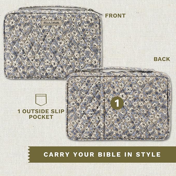 Bella Taylor Small Bible Cover for Women - Quilted Cotton Bible Case for 6 x 9 inch Books - Khaki Floral