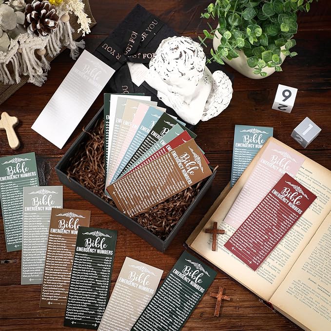 Motiskyy 100 Pcs Christian Bible Verse Emergency Numbers Bookmark Religious Church Gift 2.36 x 6'' Catholic Book of The Bible Card for Mom Women Men Retreat Sunday School(Multicolor)