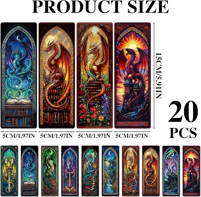 Fantasy Dragon Bookmark Gifts - 20 Pcs Fourth Vintage Stained Glass Bookmarks for Men Women Book Lovers Sword Wing Page Marks Merch School Reading Accessories Bookish Birthday Graduation Gift