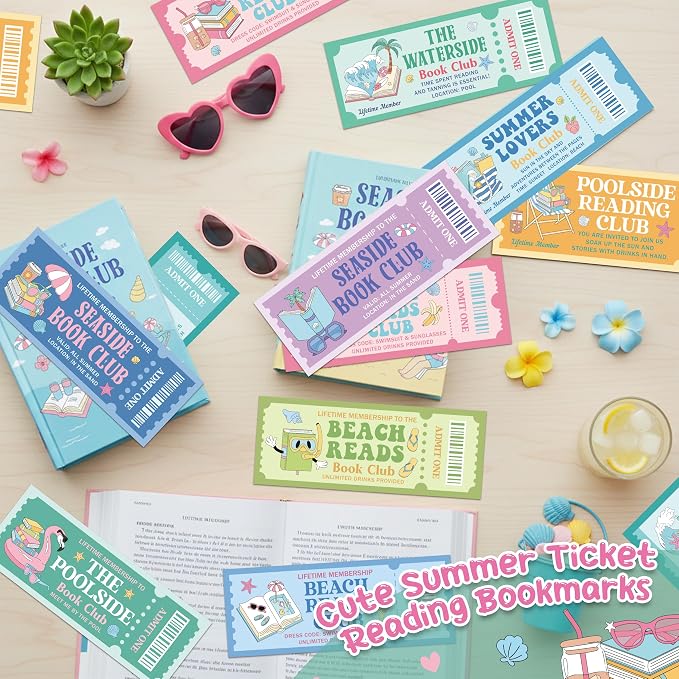 Laffact Summer Book Club Ticket Bookmarks - 240Pcs Cute Vacation Bookmarks Poolside Reading Tracker Page Marker, Readers Accessories Book Club Gifts for Book Lover Bookish Birthday Summer Party Favors