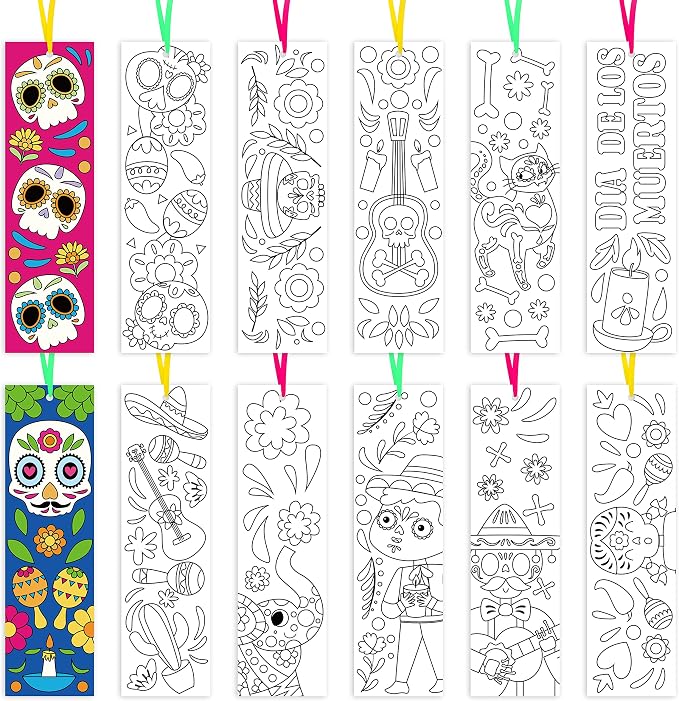 75Pcs Day of the Dead Color Your Own Bookmarks, Mexico Theme DIY Coloring Blank Bookmark Mexican Fiesta Party Game Prize Art Craft Supplies for Teachers Students Classroom Reward Goodie Fillers