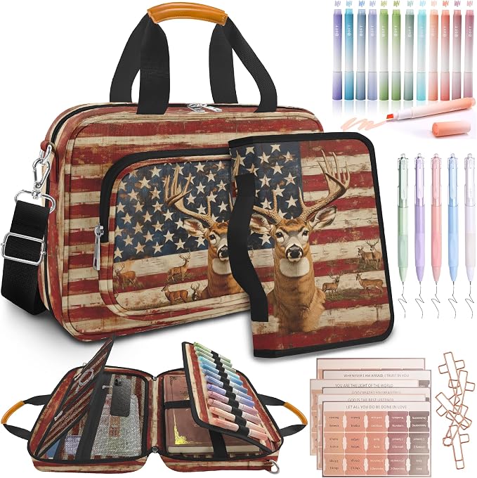 Vintage American Flag Deer Large Bible Bags for Women Men Organizer with Bible Cover Case, Bible Cover with Shoulder Strap & Pens & Highlighters & Cross Clip Study Kit for Bible Church,Christian Gifts