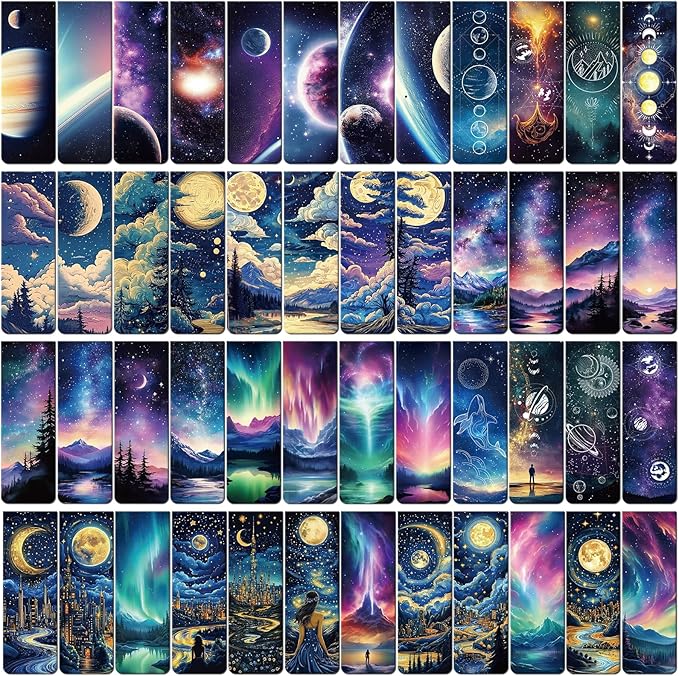 Fantasy Magnetic Bookmarks Gifts - 48 PCs Unique Starry Night Sky Space Planets Charm Moon Book Marks Reading Lovers Bulk Personalized Cool Page Markers Women Men Boys Kids Students School