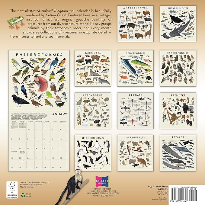 The Illustrated Animal Kingdom 2026 Wall Calendar, 12-Month Animal Art & Nature Calendar by Kelsey Oseid, 12" x 12", Large Grids for Home or Office