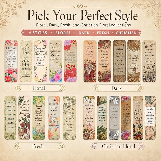 Bulk Bookmarks for Women - 96 Vintage Floral, 24 Unique Designs, 4 Copies Each - Inspirational Quotes by Famous Thinkers - 350 GSM Premium Cardstock for Book Clubs, Classrooms, Gift Inserts
