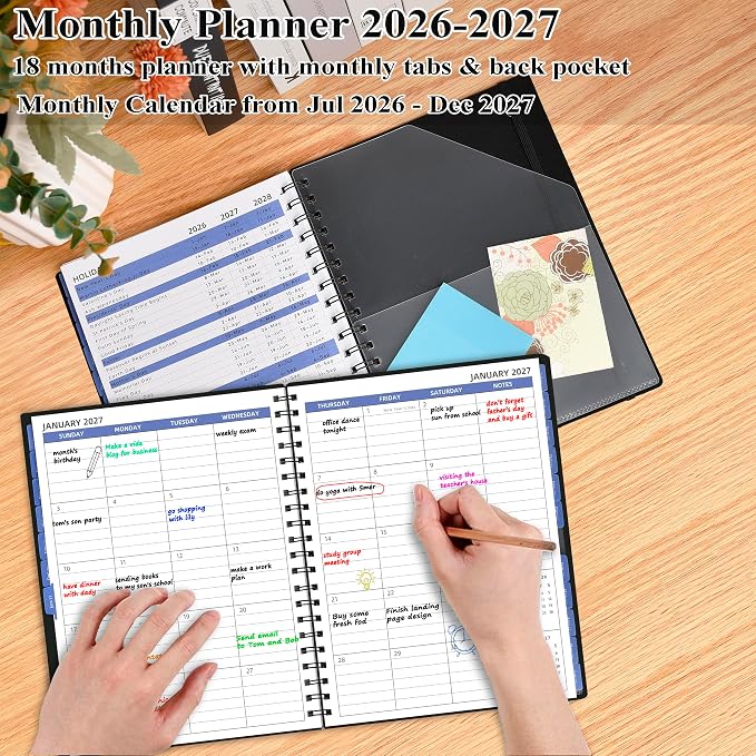 Monthly Planner 2026-2027 (7.4'' x 9.6''), 18 Months Calendar Book from Jul 2026-Dec 2027, 2026 Agenda Planner with Tabs & Pocket, 120GSM Paper, Black