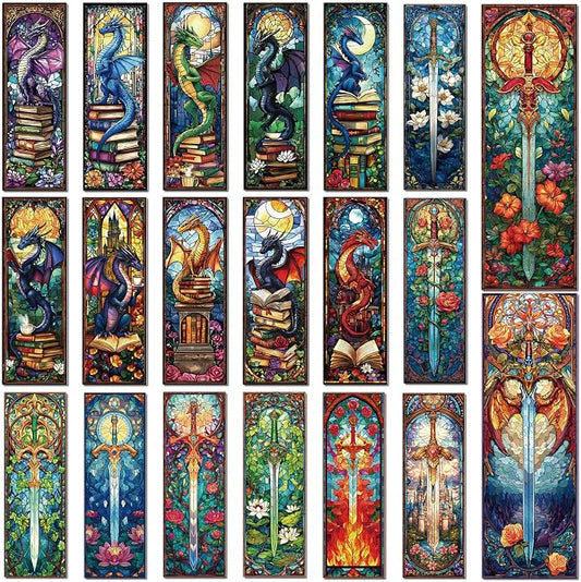 Dragon Sword Bookmark Gifts - 20 Pcs Stained Glass Art Transparent PVC Bookmark Fantasy Book Mark Page Clips Gifts for Women Men Book Lovers Teacher Student Bookish Reader Accessories