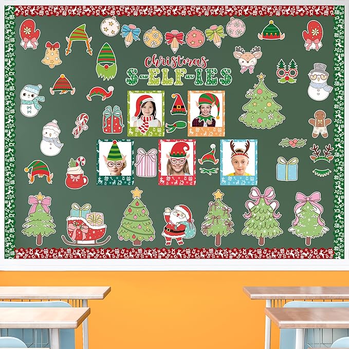 155Pcs Christmas Selfie Bulletin Board Decoration Set, Christmas Headwear Paper Cutouts DIY Photo Craft Cutouts Bulletin Board Border Trim, Classroom Chalkboard Supplies Wall Door Decor