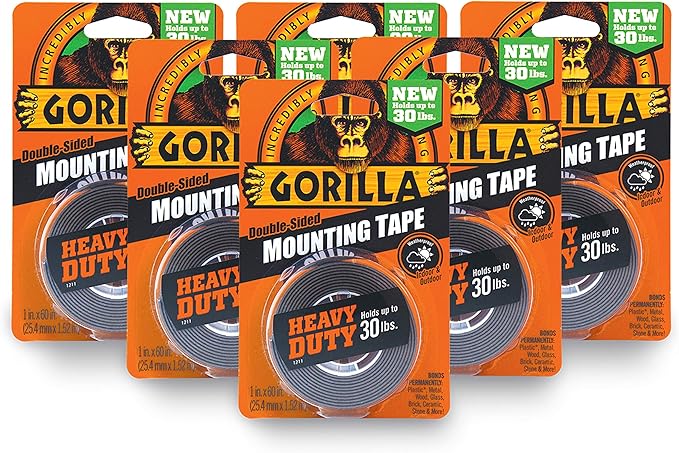 Gorilla Heavy Duty Double Sided Mounting Tape, 1" x 60", Black, (Pack of 6)