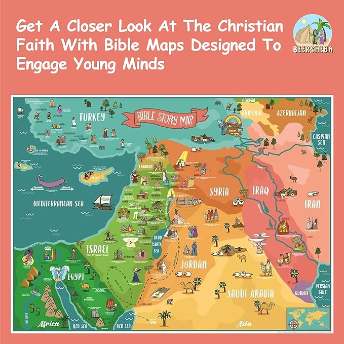 Bible Story Map Poster – Large Double-Sided (27" x 37") Sunday School Decorations for Classroom - Biblical Map of Israel and Holy Land for Bulletin Board – Includes Educational Games & Memory Activities on one side. 70 illustrated Bible Story Images an...