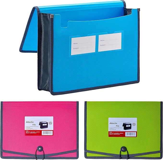 FANWU 3 Pack Plastic Expanding File Wallet Document Organizer with Elastic Cord & Button Closure, Letter Size, 3.5" Expansion, Poly A4 Expandable File Folder for School Office Home Organization