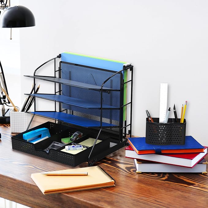 Simple Houseware Desktop Document Tray Organizer with Sliding Drawer, Caddy, Hanging File Section, Black