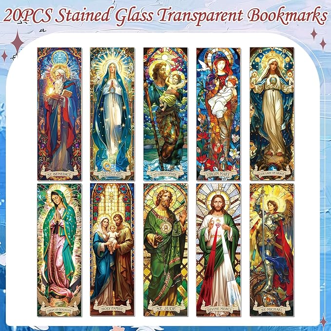 Stained Glass Catholic Bookmark Gifts - Wxiben 20 Pcs Christian Religious Transparent PVC Bookmark Catholic Saints Jesus Book Mark Page Clips for Women Men Book Lovers Church Sunday School Gifts
