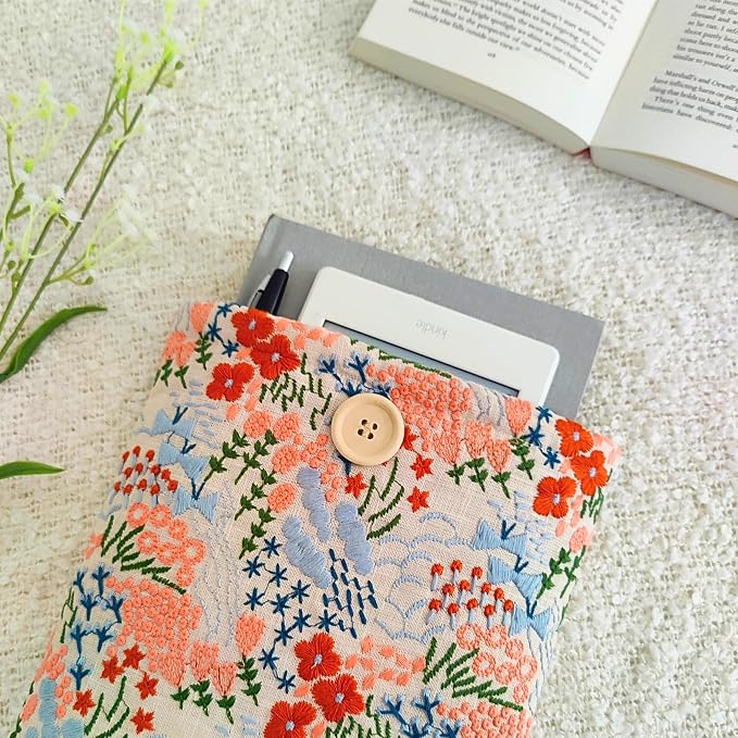 Floral Embroidered Canvas Book Sleeve - Elegant Book Cover, Padded Protector for Paperbacks & Hardcovers, Ideal for Book Lovers, Wooden Button (Meadow, Beige, Large)