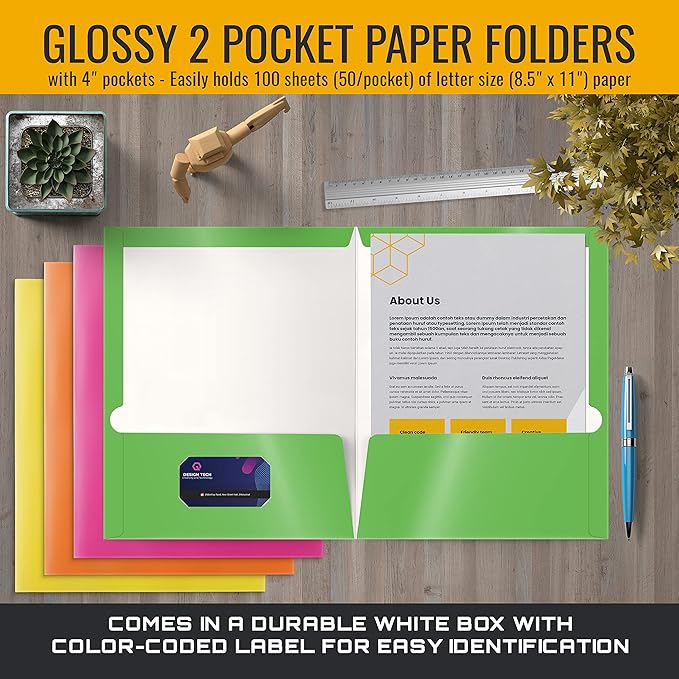 Better Office Products 2 Pocket Glossy Laminated Neon Paper Folders, Letter Size, Neon Paper Portfolios, Box of 48-4 NEON Colors