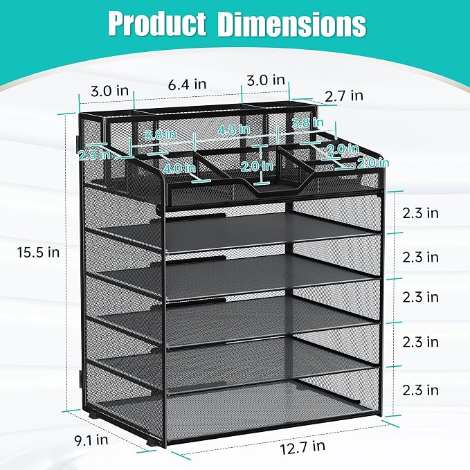 6 Tier Mesh Desk Organizer,Multi Functional Letter Paper Tray with 3 Pen Holders and 5 Adjustable Storage Compartments for Office Supplies Files and Mail Space Saving Desktop Organizer-Black