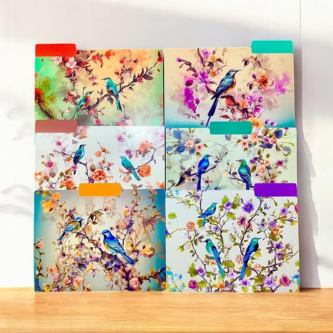 12pcs Decorative File Folders Letter Size, Bird Design Folders, Cute Office Folders with Floral Branches, 1/3 Cut Tab, Waterproof Archival File Folders Colored Decorative File folders