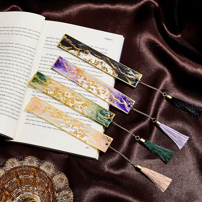 Gersoniel 4 Pieces Resin Bookmarks Handmade Resin Gilt Bookmarks with Tassels Presents for Women Kids Students Teachers and Book Lovers School Home Reading(Bright Color)