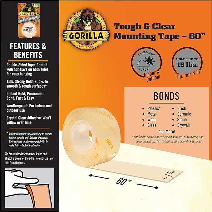 Gorilla Tough & Clear, Double Sided Mounting Tape, Weatherproof, 1" x 60", Clear, (Pack of 8)