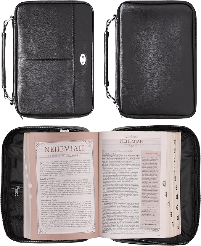 Christian Art Gifts Faux Leather Bible Cover for Men and Women | Ichthus Jesus Fish Emblem Zippered Two-Fold Organizer Case for Bible or Book w/Handle
